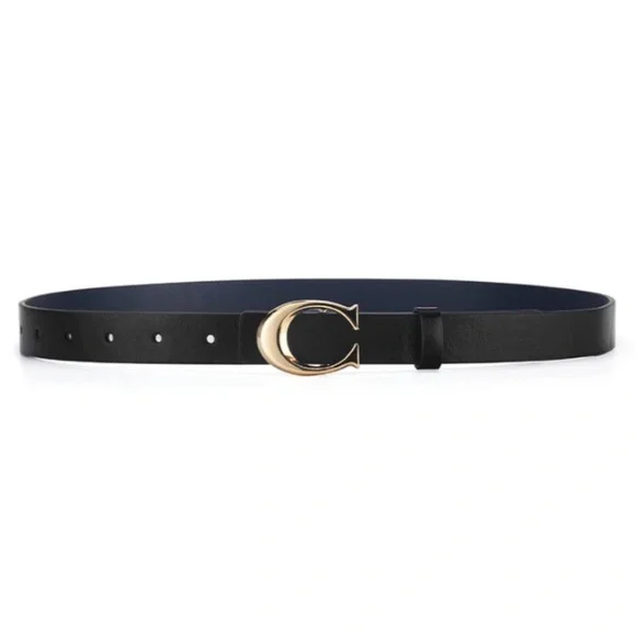 Black Vegan Leather Belt with Gold C Buckle – Fits Waist 28-36 Inches - Classic - Picture 3 of 11